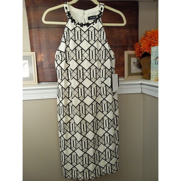 Nine West Ivory/black Geometric Sleeveless‎ Beaded Neck Dress Size 4 - Picture 1 of 13